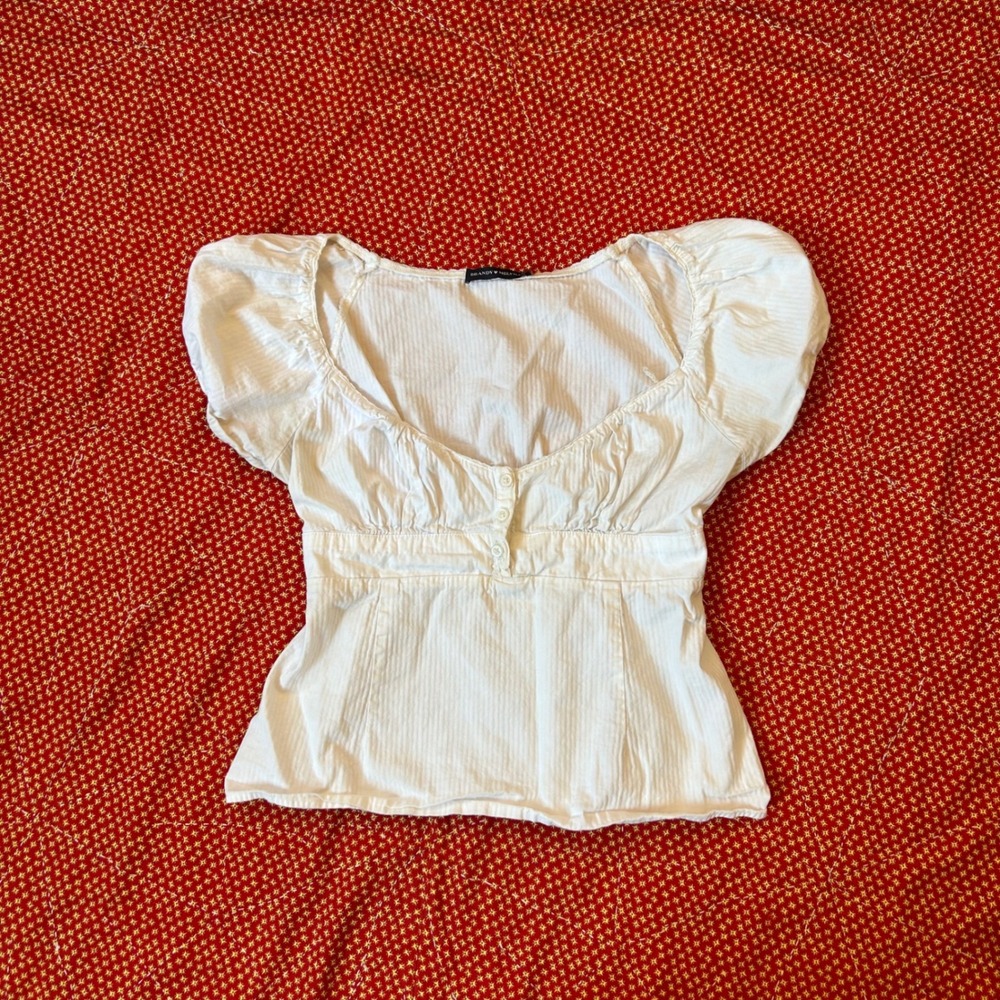 Brandy Melville White Puff Sleeve Eyelet Button Front Peplum Blouse Top One Size